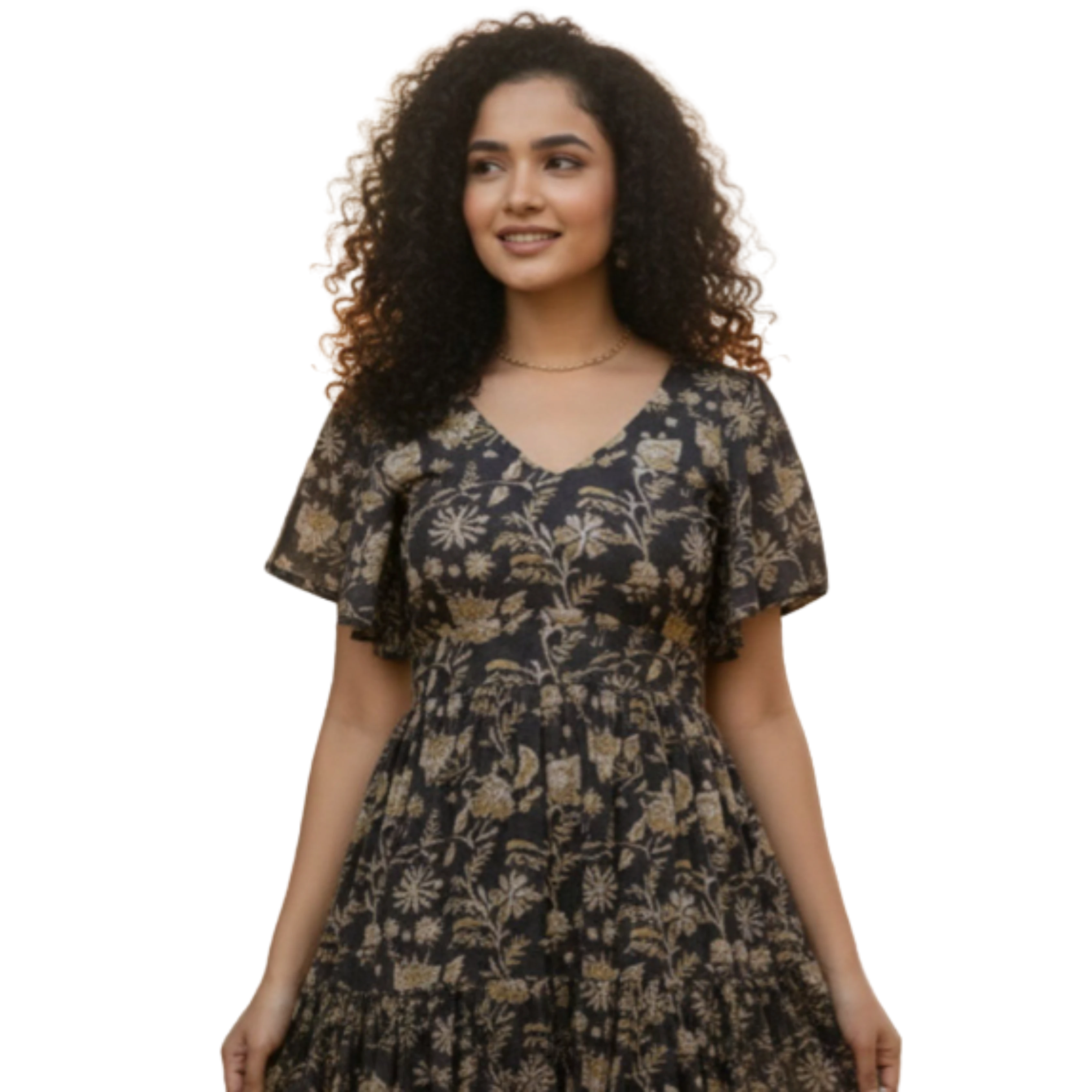 Floral Print Flared Sleeve A-Line Maxi Dress