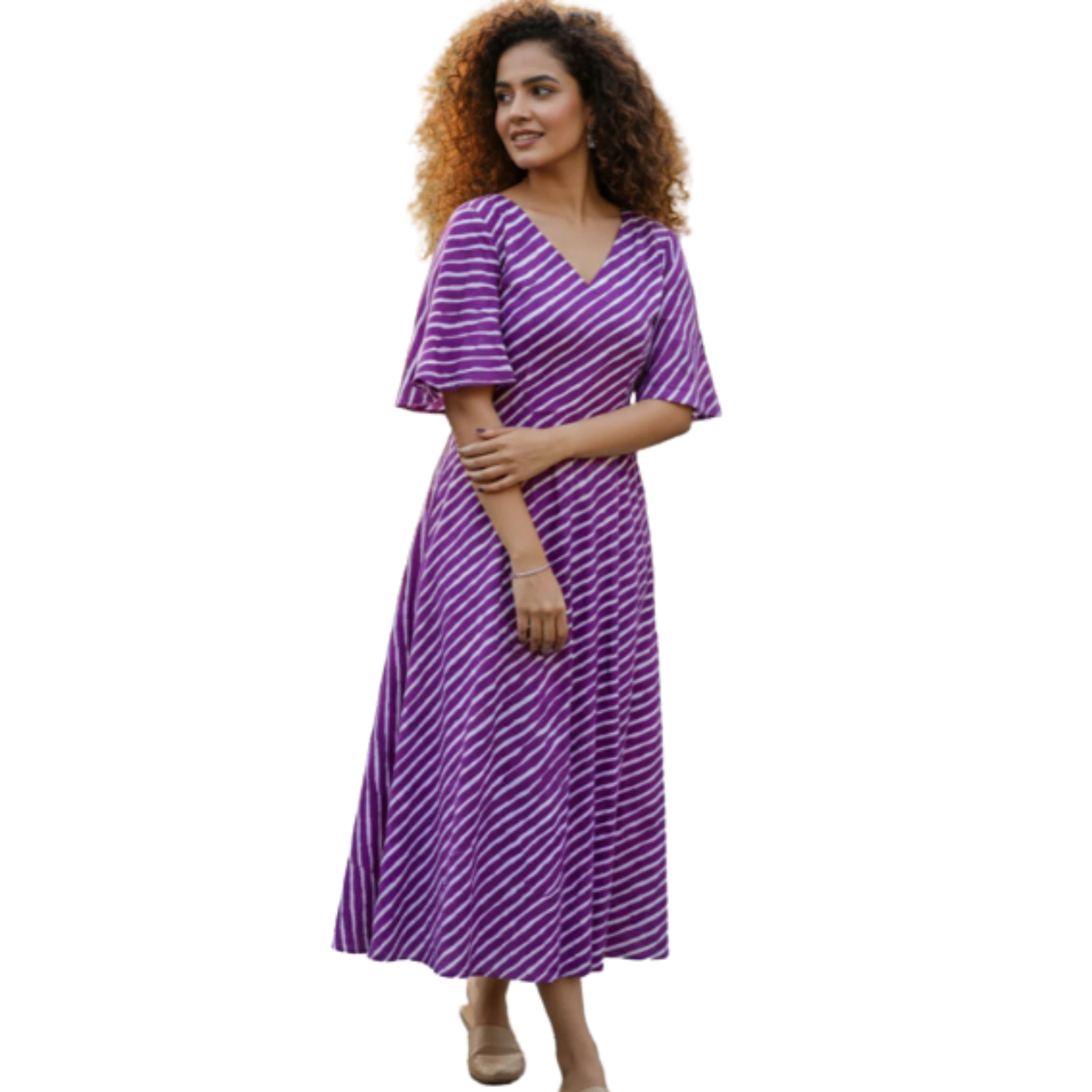 Striped Flared Sleeve A-Line Midi Dress